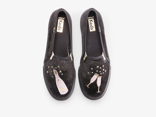 Keds Double Decker Velvet Cheers Slip On Sneakers Dames Zwart | NL-43304